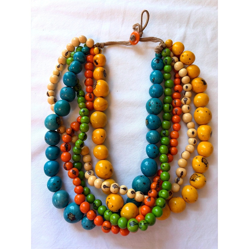 Handmade Multi Strand Tagua Nut Statement Necklace Turquoise Yellow Orange Green